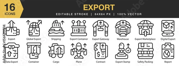 Fototapeta Export icon set. Editable Stroke Icon Collection. Includes shipping, container, export, import, industry, and More. Outline icons vector collection.