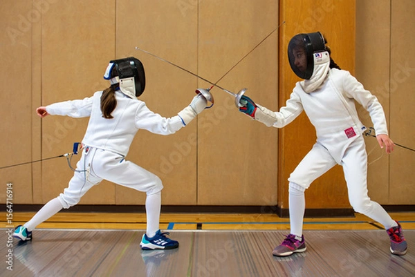 Fototapeta Two fencers in white gear lunge toward each other during an intense bout on an indoor fencing piste.