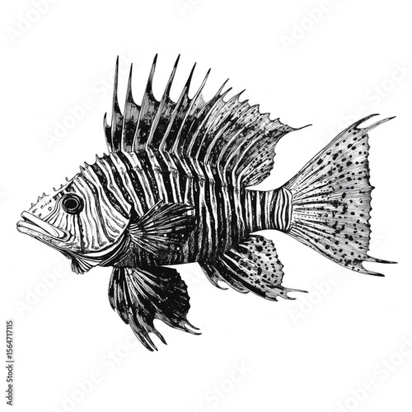 Fototapeta Grayscale Pterois Fish - Detailed Marine Predator