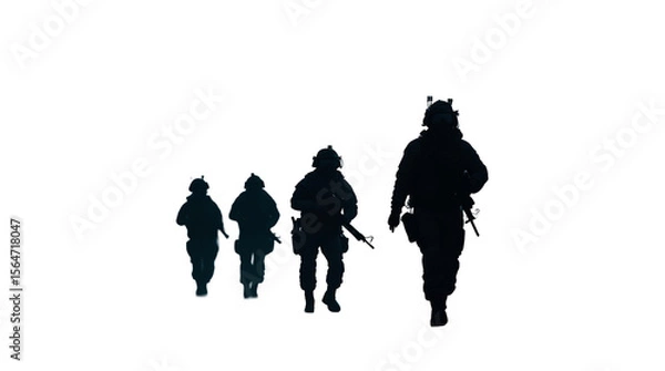 Fototapeta Soldiers in Stealthy Dark Uniforms Carrying Advanced Night-Vision Gear Infiltrating an Enemy Base 