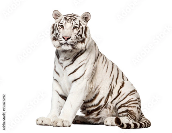Obraz White Tiger in Relaxed Sitting Pose, Head Turned Sideways, isolated on transparent background.