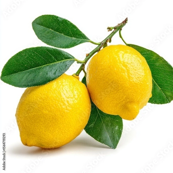 Fototapeta Two lemons with vibrant yellow skins are displayed on a green leafy branch