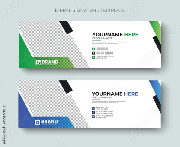Fototapeta Corporate modern and minimalist email signature or email footer design vector template. Professional business email signature, header, social media cover, banner design with blue and green color.