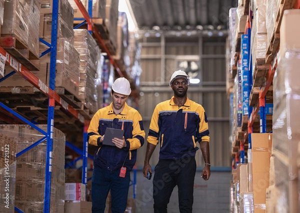 Fototapeta Warehouse manager, store inspector checking stock on storage shelf from inventory checklist. Two diverse ethnic people wear safety hard hat working together examining merchandise at distribution store