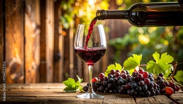 Obraz Red wine is being poured into a glass beside a bunch of fresh grapes on a rustic wooden table with a warm, blurred background.