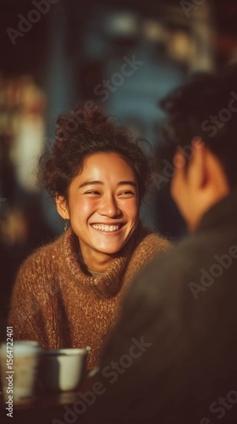 Obraz Cheerful woman wearing sweater smiles widely during conversation in cozy cafe setting