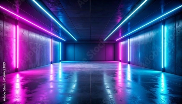 Obraz A futuristic empty room illuminated by vibrant neon blue and pink lights reflecting off the shiny floor and concrete walls.