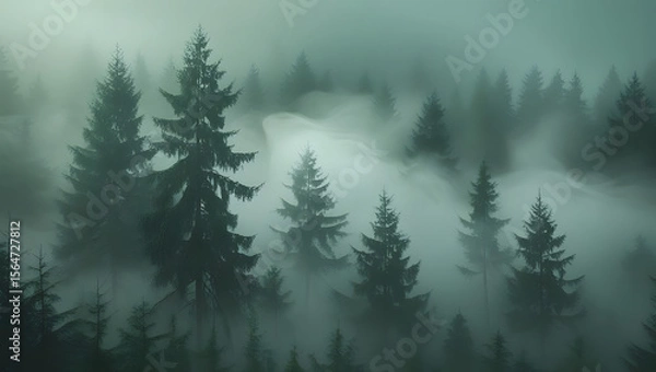 Obraz A dense, misty forest scene with tall, dark green evergreen trees