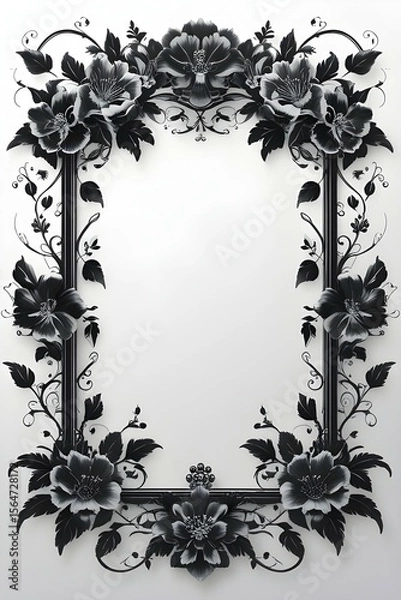 Fototapeta AI Generative. Elegant Black and White Floral Frame with Swirls and Borders. 6