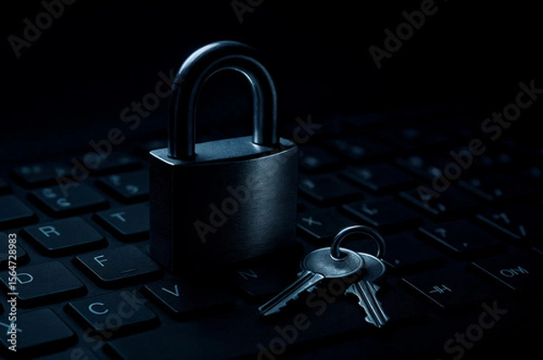 Fototapeta Metal padlock and keys placed on a computer keyboard, symbolizing cybersecurity