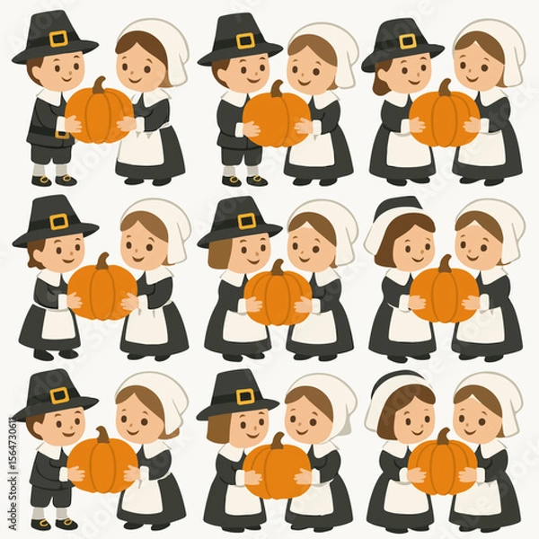 Fototapeta Pilgrim children with pumpkins seamless pattern for Thanksgiving