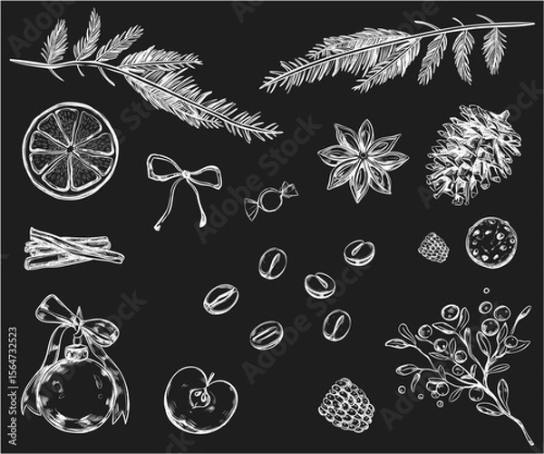 Fototapeta Rustic Christmas Ingredient Vector Collection – Vintage Style Sketches of Spice, Fruit, Herbs and Seasonal Plants on Black Background for Menu or Packaging