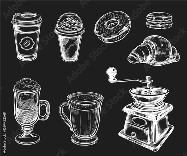 Fototapeta Chalkboard Style Coffee and Pastry Vector Set – Hand-Drawn Croissant, Donut, Macaron, Coffee Cups, and Grinder for Café Menu and Retro Bakery Design