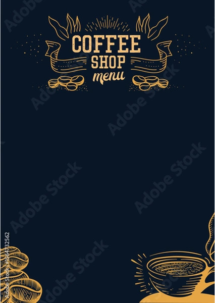 Fototapeta Elegant Coffee Shop Menu Template – Hand-Drawn Vintage Style Coffee Beans and Cup Illustration on Dark Background for Café Branding and Print