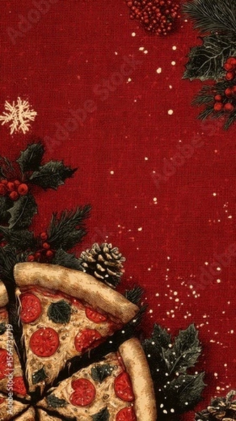 Fototapeta Festive pizza design with holiday decorations on a red background featuring pepperoni and greenery