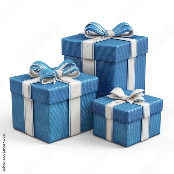 Fototapeta Three beautifully wrapped blue gift boxes, each adorned with a white ribbon and bow. The gifts are stacked together, implying a festive occasion and generosity. 