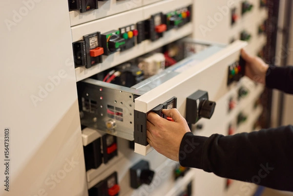 Fototapeta Technician Adjusting Components in an Electrical Control Panel for Maintenance