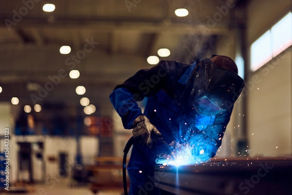 Fototapeta Professional Welder Working in Industrial Workshop with Protective Equipment