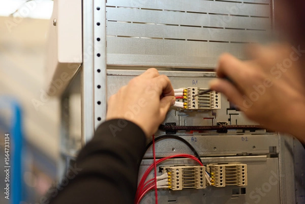 Fototapeta Technician Assembling Electrical Components Inside a Mechanical Panel