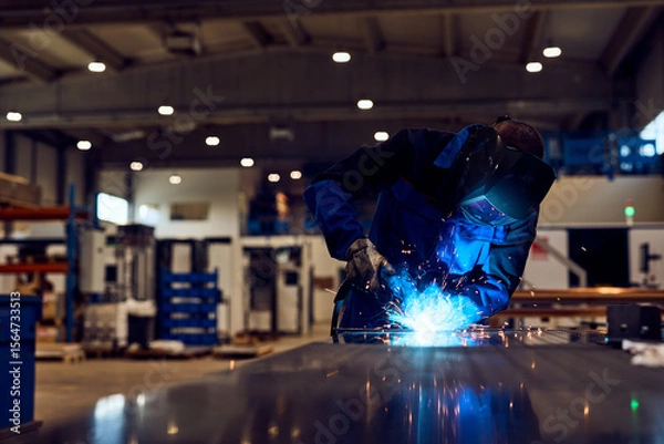 Fototapeta Welder at Work in Industrial Factory Producing Metal Components with Bright Sparks