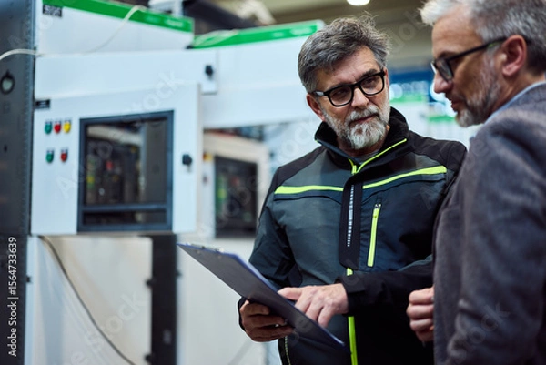 Fototapeta Professional Discussion Between Two Engineers in an Industrial Facility Setting