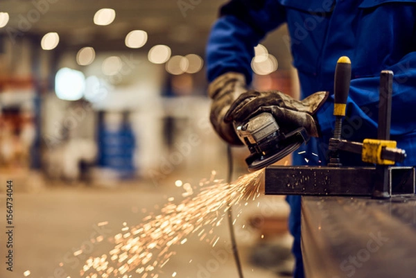 Fototapeta Worker Grinding Metal With Sparks in an Industrial Workshop Setting