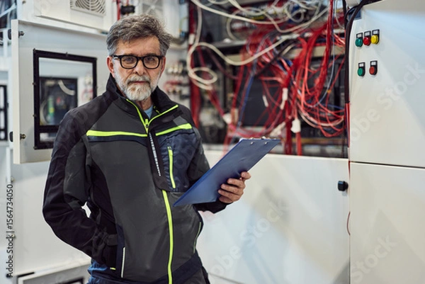 Fototapeta Experienced Electrical Engineer Examining Systems in a Modern Industrial Facility