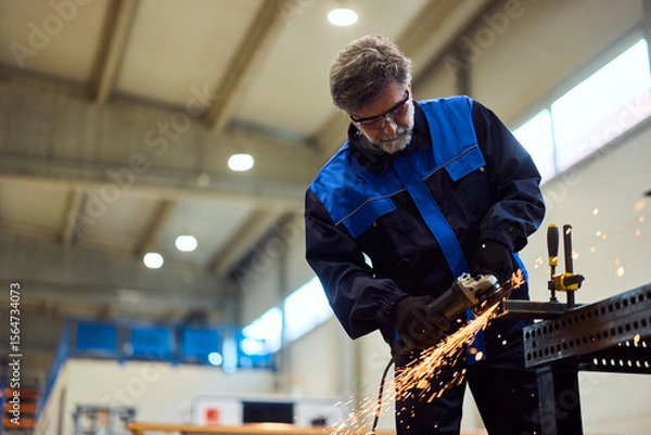 Fototapeta Industrial Worker Using Angle Grinder in Factory Workshop