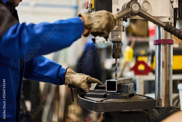 Fototapeta Worker Operating Drill Press on Metal Component in Industrial Workshop
