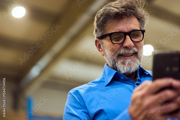 Fototapeta Smiling Man with Glasses Using Smartphone in Bright Indoor Setting