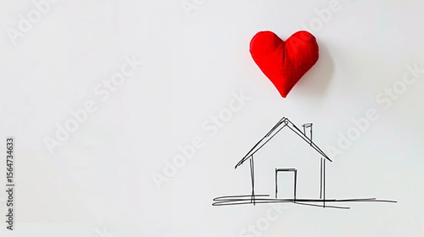 Obraz Minimal Line Drawing of a House with Floating Red Heart on White Background