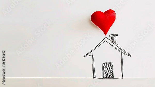 Obraz Minimal Line Drawing of a House with Floating Red Heart on White Background