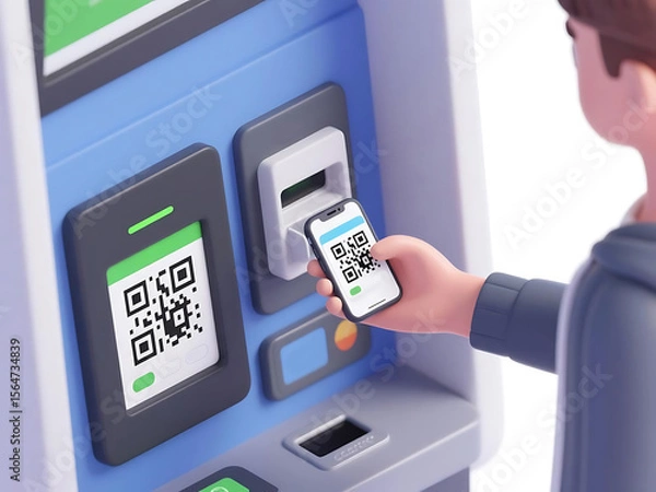 Fototapeta Man uses mobile phone QR code for transaction on machine, simplifying digital payment and modern finance