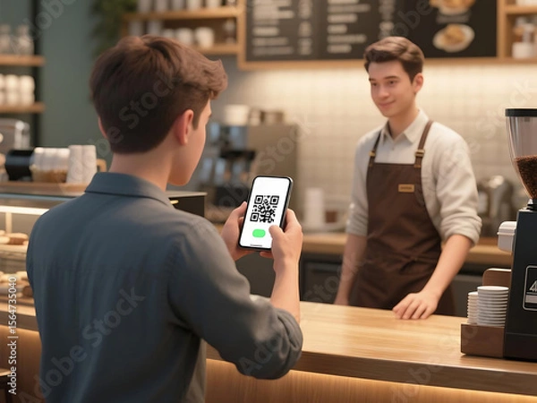 Fototapeta Customer makes digital payment with phone using QR code at a modern coffee shop for a fast checkout process.
