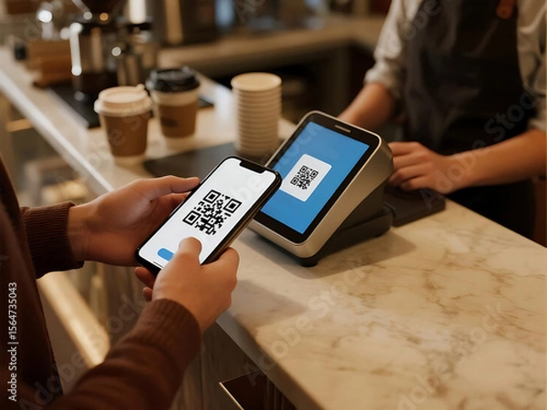 Fototapeta Contactless payment using QR code for a modern business transaction at a cafe using phone and tablet, convenience and technology.