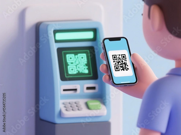 Fototapeta Mobile payment at ATM with QR code, person using smartphone for contactless money withdrawal, illustration of financial technology