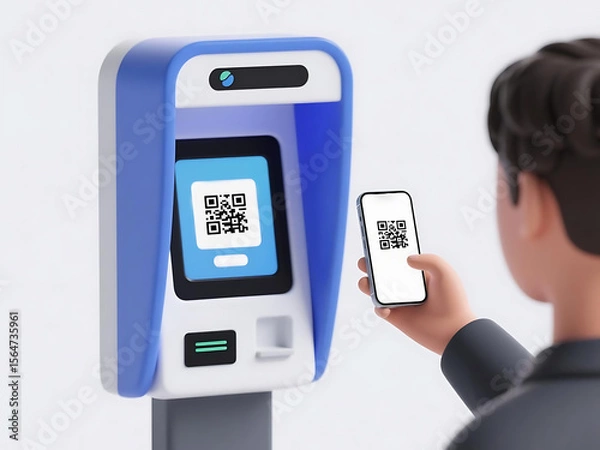 Fototapeta Scanning QR code on a kiosk with a mobile phone, showcasing digital payment technology for modern business operations.