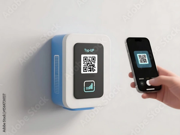 Fototapeta Mobile phone scanning a QR code for a top-up transaction on a wall-mounted device, modern technology, for a cashless payment
