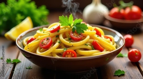 Fototapeta Aromatic Steaming Pasta Dish with Cherry Tomatoes and Parsley, Served in a Rustic Brown Bowl on a Wooden Table