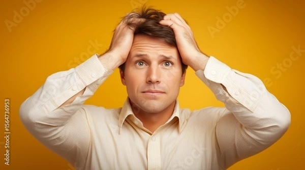 Obraz Man showing distress and confusion under bright yellow background in a stressful moment