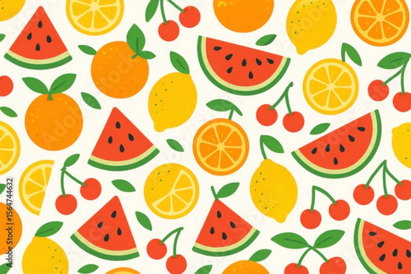 Fototapeta Seamless pattern with watermelon, orange, lemon and cherry fruits with leaves