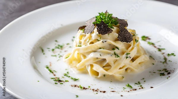 Fototapeta Elegant Fettuccine Alfredo Garnished with Black Truffle in a Pristine Culinary Setting