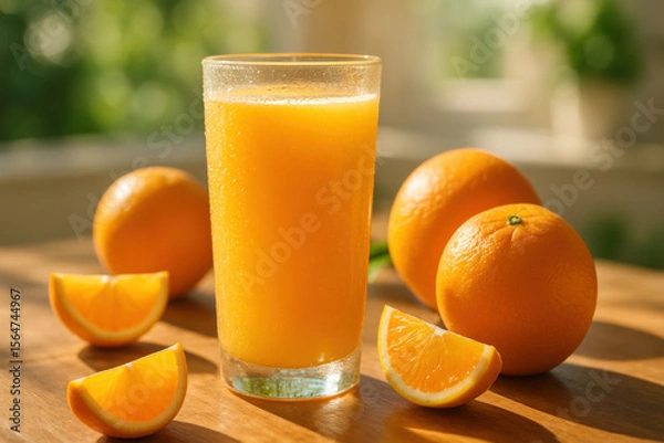 Fototapeta Refreshing orange juice with fresh oranges and slices on wooden table