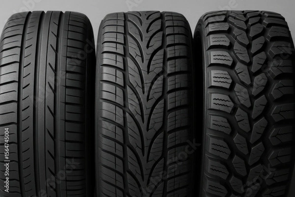 Fototapeta Set of three new car tires standing on grey background showing different treads