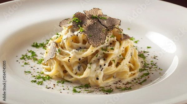 Fototapeta Pristine White Setting with Neatly Plated Fettuccine Topped with Truffle and Fresh Herbs on a White Plate