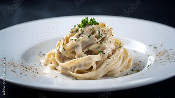 Fototapeta Pristine White Plate with Neatly Arranged Fettuccine in Creamy Sauce Garnished with Parsley