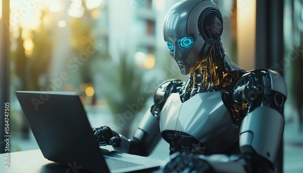 Fototapeta Robot working intently on a laptop computer.