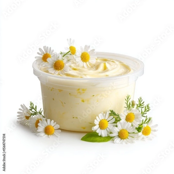 Fototapeta A close-up shot of a container filled with creamy, yellow spread, surrounded by beautiful daisy flowers. The details of the spread's texture, combined with the delicate flowers.