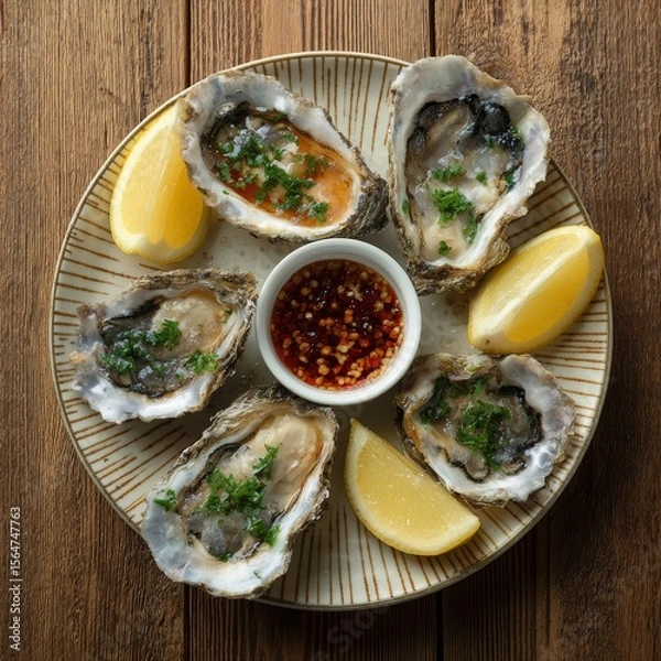 Fototapeta Oysters on the half shell with lemon wedges and spicy dipping sauce, served on a rustic wooden table. Top view.