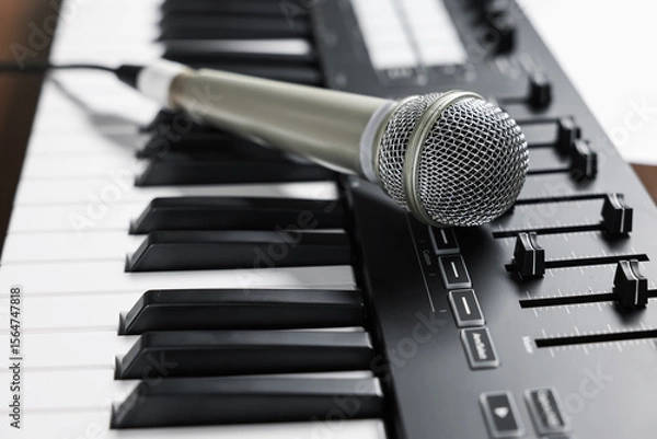 Fototapeta MIDI keyboard and microphone on table, closeup